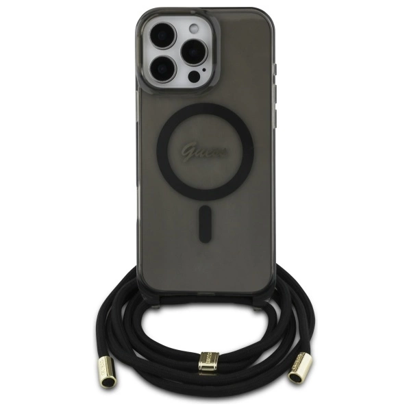 Etui Guess Crossbody Cord Script MagSafe na iPhone 16 Pro - czarne