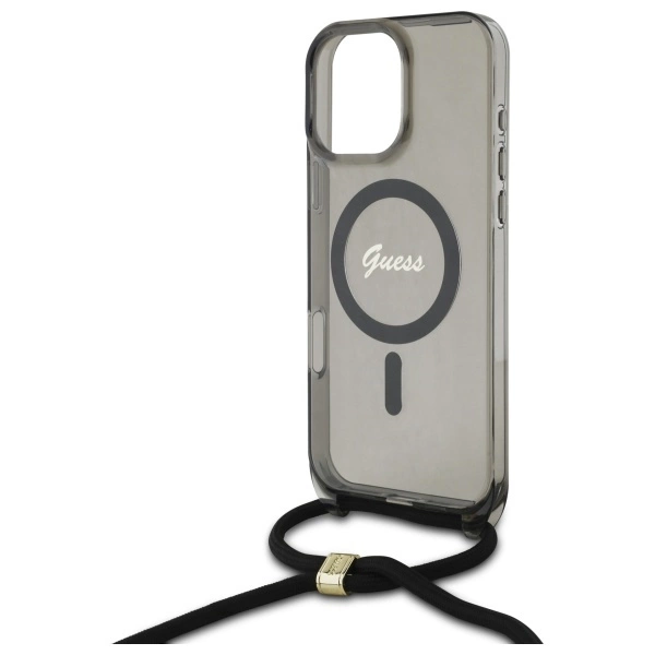 Etui Guess Crossbody Cord Script MagSafe na iPhone 16 Pro - czarne