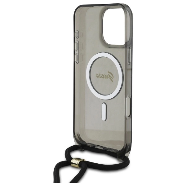 Etui Guess Crossbody Cord Script MagSafe na iPhone 16 Pro - czarne