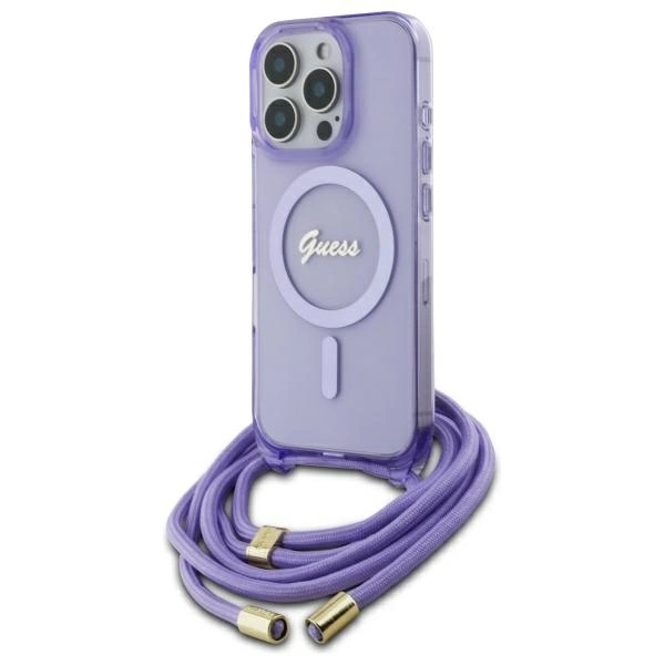Etui Guess Crossbody Cord Script MagSafe na iPhone 16 Pro - fioletowe