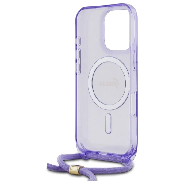 Etui Guess Crossbody Cord Script MagSafe na iPhone 16 Pro - fioletowe