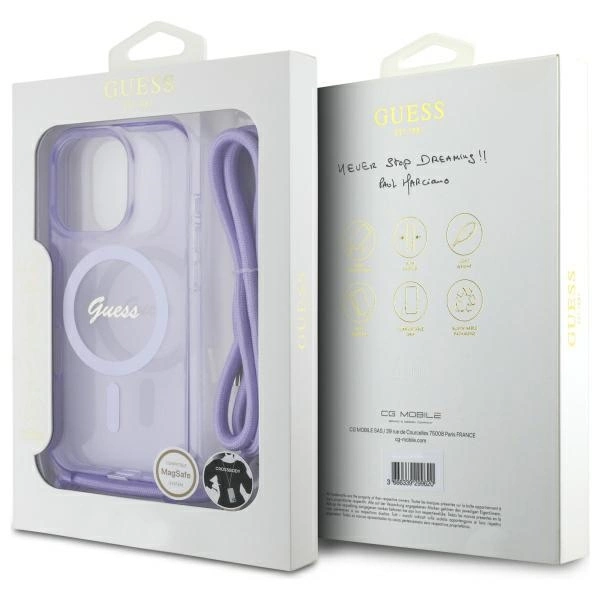 Etui Guess Crossbody Cord Script MagSafe na iPhone 16 Pro - fioletowe