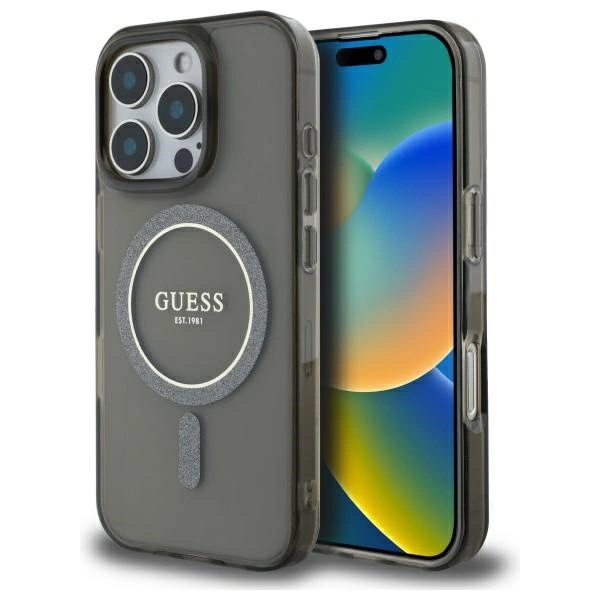 Etui Guess IML Glitter Circle MagSafe na iPhone 16 Pro - czarne