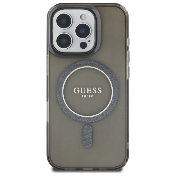 Etui Guess IML Glitter Circle MagSafe na iPhone 16 Pro - czarne
