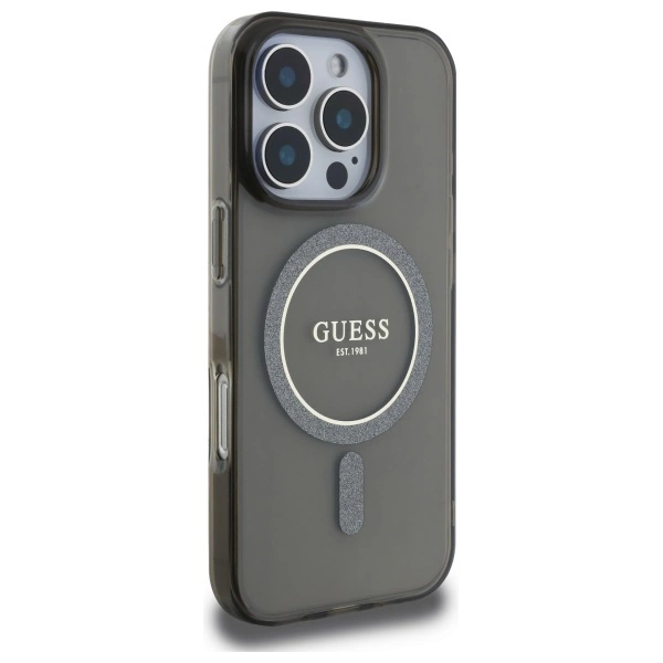 Etui Guess IML Glitter Circle MagSafe na iPhone 16 Pro - czarne