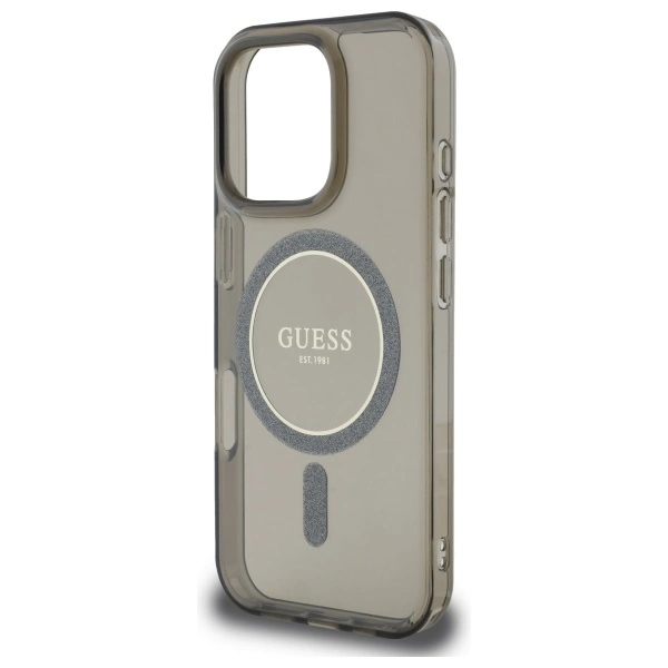 Etui Guess IML Glitter Circle MagSafe na iPhone 16 Pro - czarne