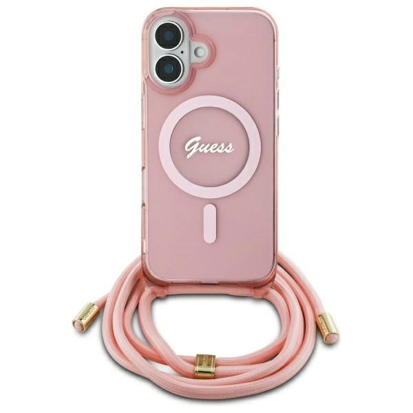 Etui Guess Crossbody Cord Script MagSafe na iPhone 16 - różowe
