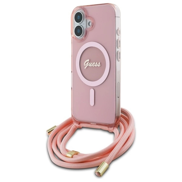 Etui Guess Crossbody Cord Script MagSafe na iPhone 16 - różowe