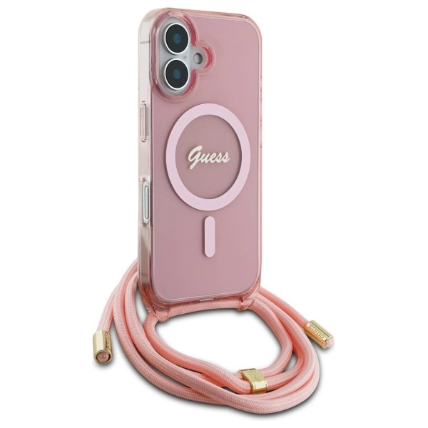 Etui Guess Crossbody Cord Script MagSafe na iPhone 16 - różowe