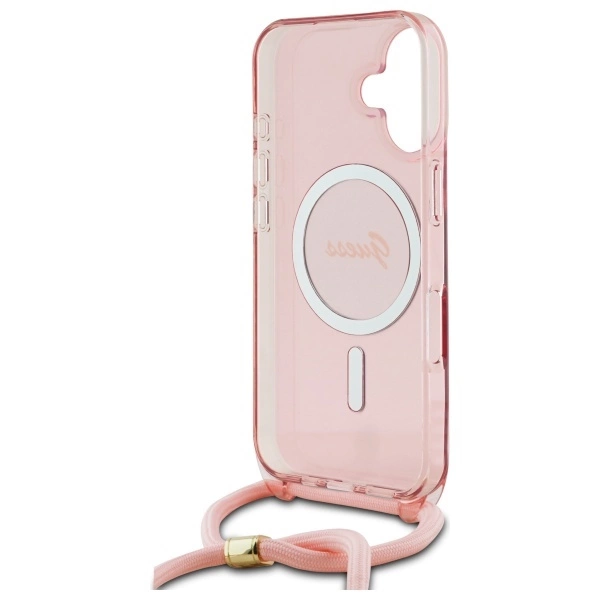 Etui Guess Crossbody Cord Script MagSafe na iPhone 16 - różowe