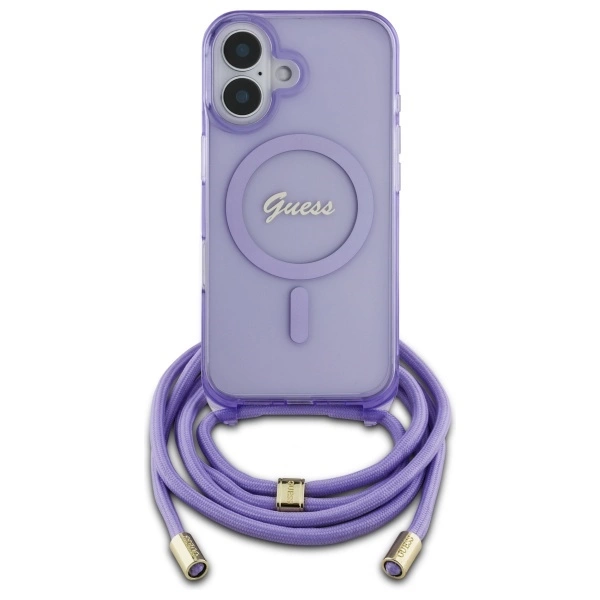 Etui Guess Crossbody Cord Script MagSafe na iPhone 16 - fioletowe