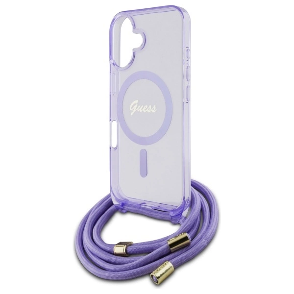 Etui Guess Crossbody Cord Script MagSafe na iPhone 16 - fioletowe
