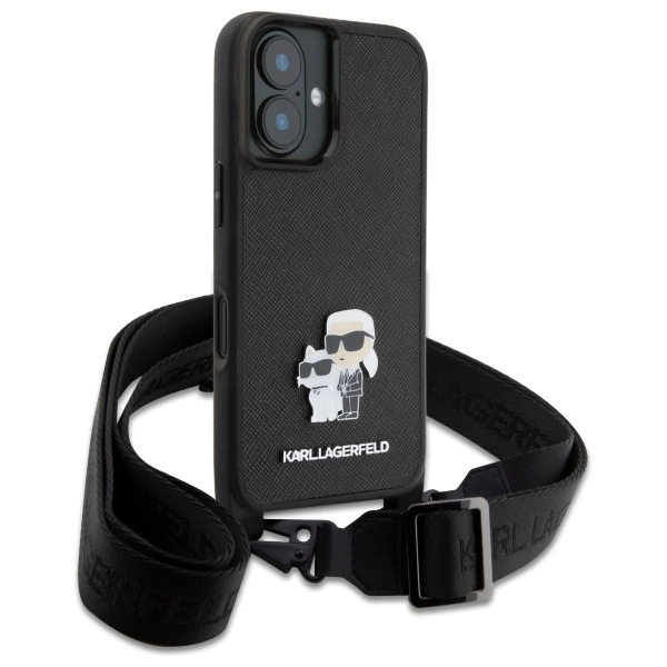 Etui Karl Lagerfeld Saffiano Karl&Choupette Metal Pin CBDY Strap na iPhone 16 - czarne