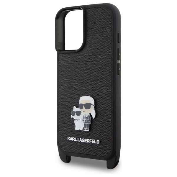 Etui Karl Lagerfeld Saffiano Karl&Choupette Metal Pin CBDY Strap na iPhone 16 - czarne