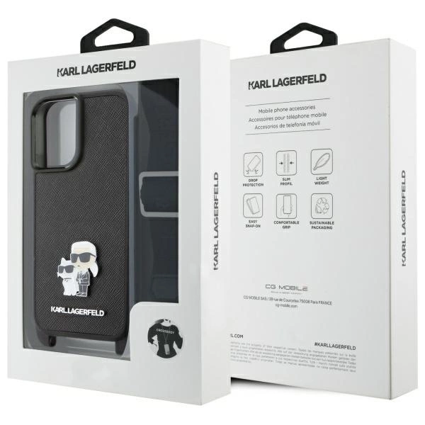Etui Karl Lagerfeld Saffiano Karl&Choupette Metal Pin CBDY Strap na iPhone 16 - czarne