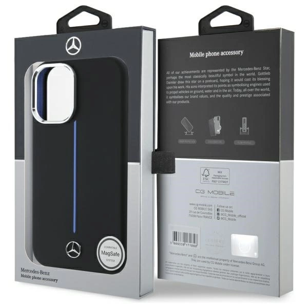Etui Mercedes Silicone Blue Stripe MagSafe na iPhone 16 - czarne