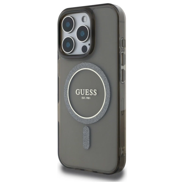 Etui Guess IML Glitter Circle MagSafe na iPhone 16 Pro Max - czarne