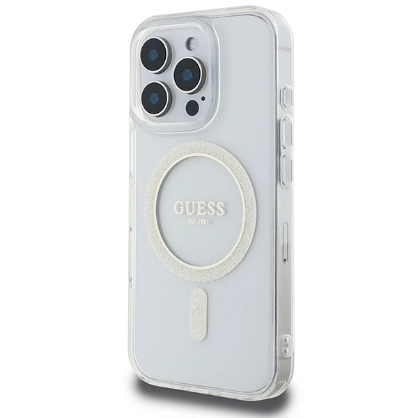 Etui Guess IML Glitter Circle MagSafe na iPhone 16 Pro Max - przezroczyste
