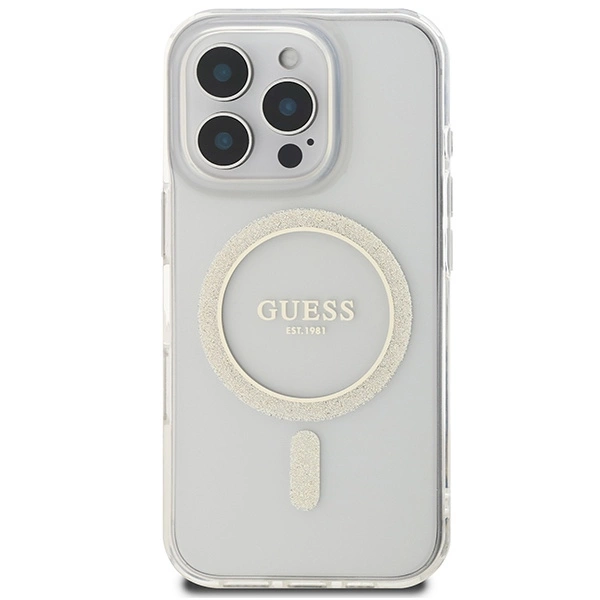 Etui Guess IML Glitter Circle MagSafe na iPhone 16 Pro Max - przezroczyste
