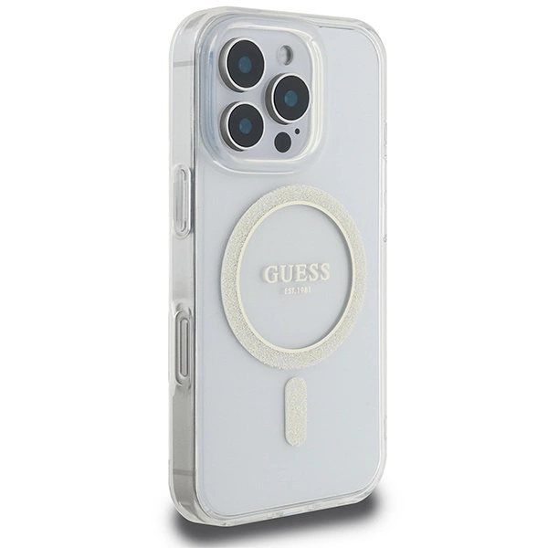 Etui Guess IML Glitter Circle MagSafe na iPhone 16 Pro Max - przezroczyste