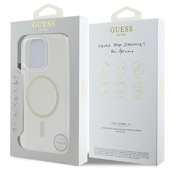 Etui Guess IML Glitter Circle MagSafe na iPhone 16 Pro Max - przezroczyste