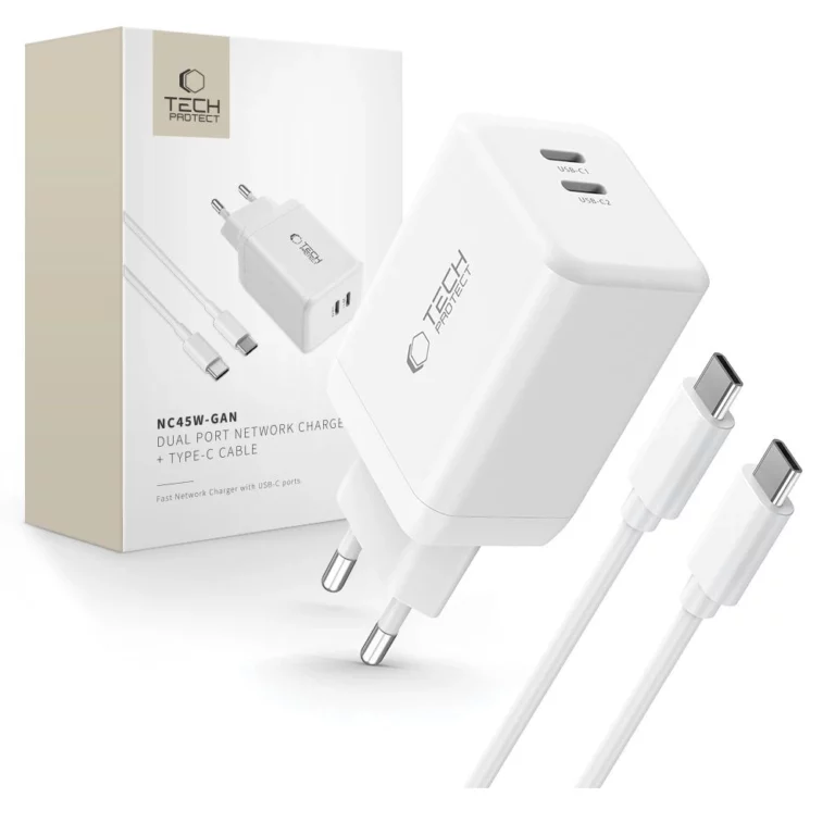 Ładowarka Tech-Protect NC45W-GAN 2-PORT PD45W + TYPE-C CABLE - białe