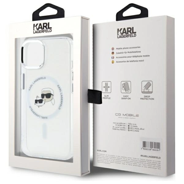 Etui Karl Lagerfeld IML Metal Karl&Choupette Head MagSafe na iPhone 15 - białe