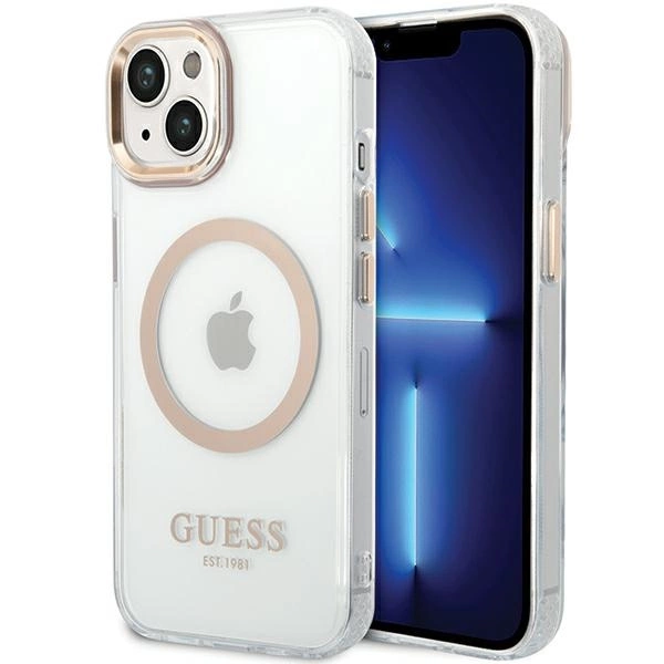Etui Guess Metal Outline MagSafe na iPhone 15 Plus / 14 Plus - złote