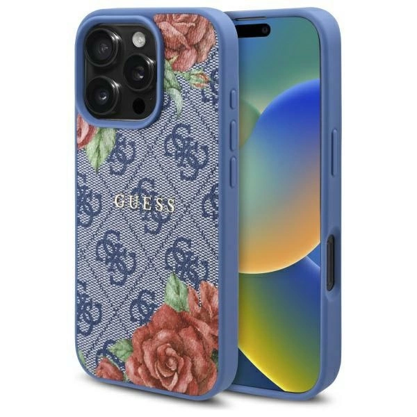 Etui Guess 4G Flowers Print MagSafe na iPhone 16 Pro Max - niebieskie