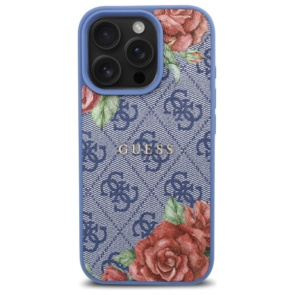 Etui Guess 4G Flowers Print MagSafe na iPhone 16 Pro Max - niebieskie