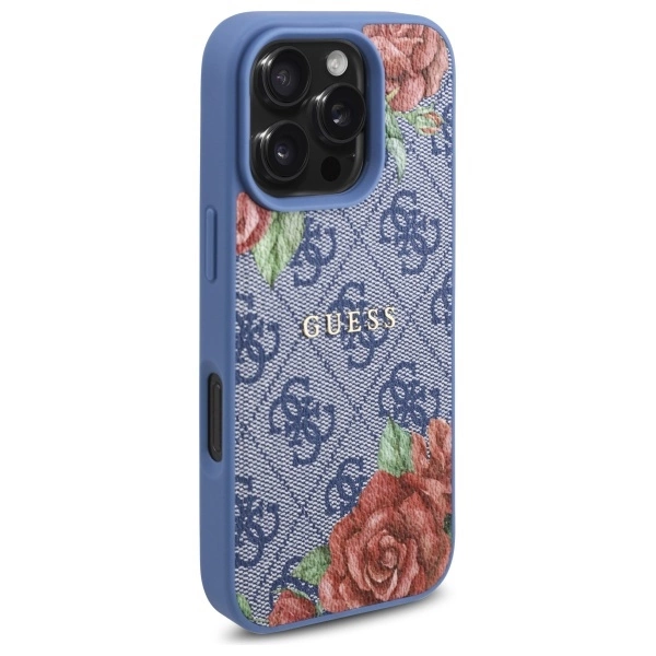 Etui Guess 4G Flowers Print MagSafe na iPhone 16 Pro Max - niebieskie