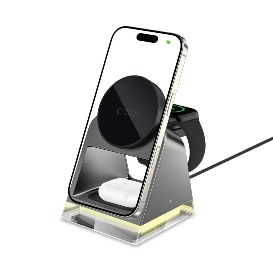 Ładowarka bezprzewodowa Tech-Protect QI15W-A43 3w1 z MagSafe do urządzeń Apple - czarna