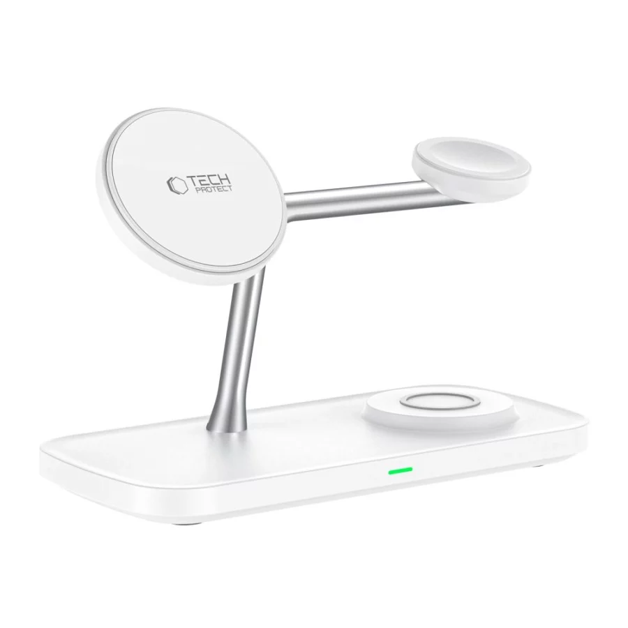 Ładowarka bezprzewodowa Tech-Protect QI15W-A45 3w1 z MagSafe do urządzeń Apple - biała