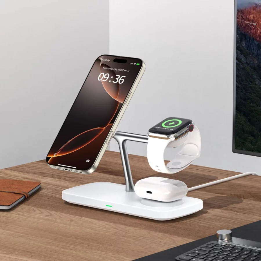 Ładowarka bezprzewodowa Tech-Protect QI15W-A45 3w1 z MagSafe do urządzeń Apple - biała