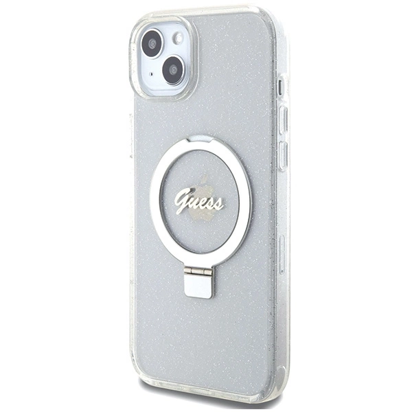 Etui Guess Ring Stand Script Glitter MagSafe na iPhone 15 Plus / 14 Plus 6.7" - przezroczyste