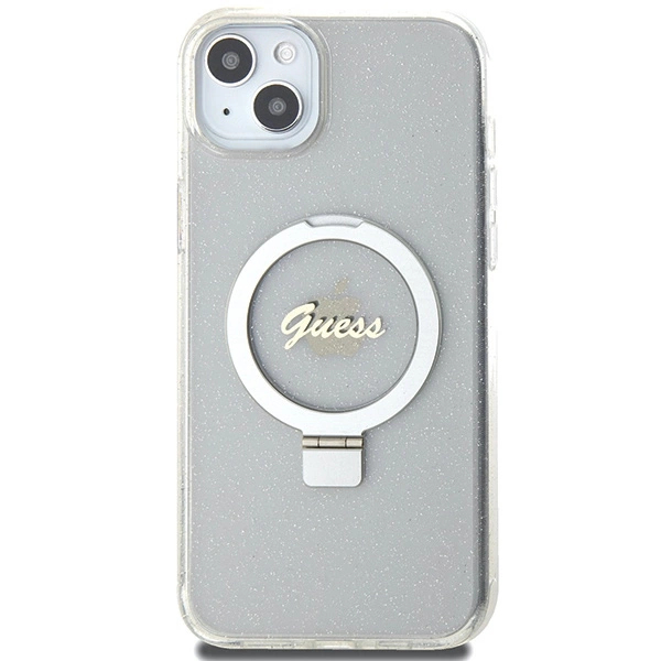 Etui Guess Ring Stand Script Glitter MagSafe na iPhone 15 Plus / 14 Plus 6.7" - przezroczyste