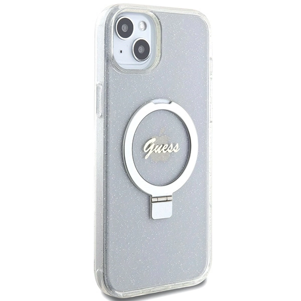 Etui Guess Ring Stand Script Glitter MagSafe na iPhone 15 Plus / 14 Plus 6.7" - przezroczyste