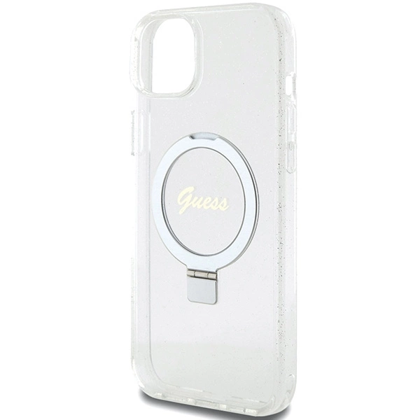 Etui Guess Ring Stand Script Glitter MagSafe na iPhone 15 Plus / 14 Plus 6.7" - przezroczyste