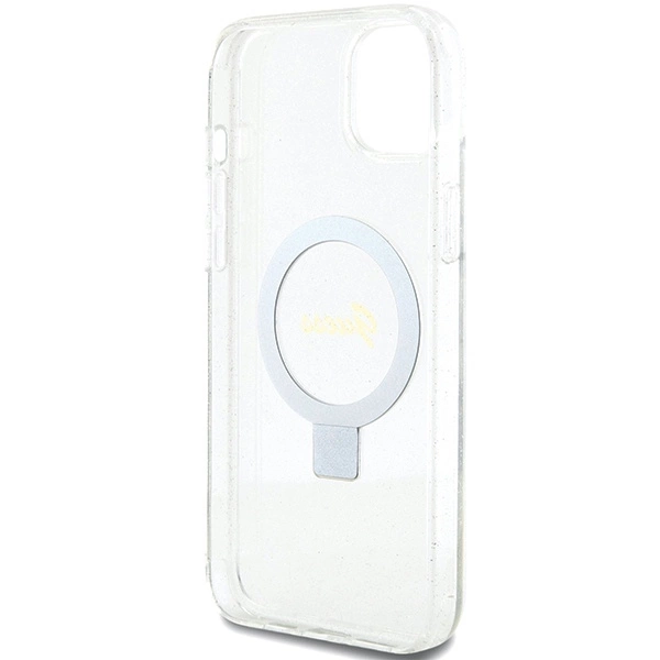Etui Guess Ring Stand Script Glitter MagSafe na iPhone 15 Plus / 14 Plus 6.7" - przezroczyste