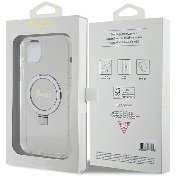 Etui Guess Ring Stand Script Glitter MagSafe na iPhone 15 Plus / 14 Plus 6.7" - przezroczyste