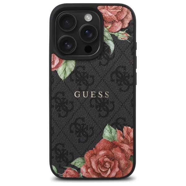 Etui Guess 4G Flowers Print MagSafe na iPhone 16 Pro 6.3" - czarne