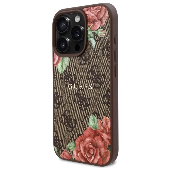Etui Guess 4G Flowers Print MagSafe na iPhone 16 Pro 6.3" - brązowe