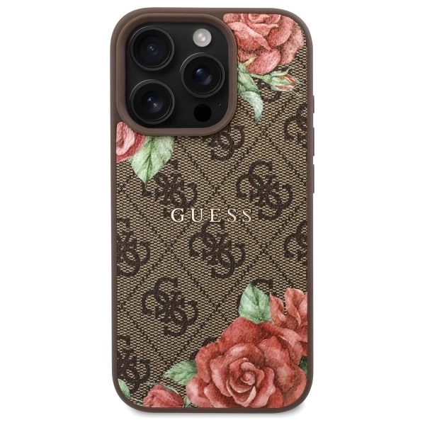 Etui Guess 4G Flowers Print MagSafe na iPhone 16 Pro 6.3" - brązowe