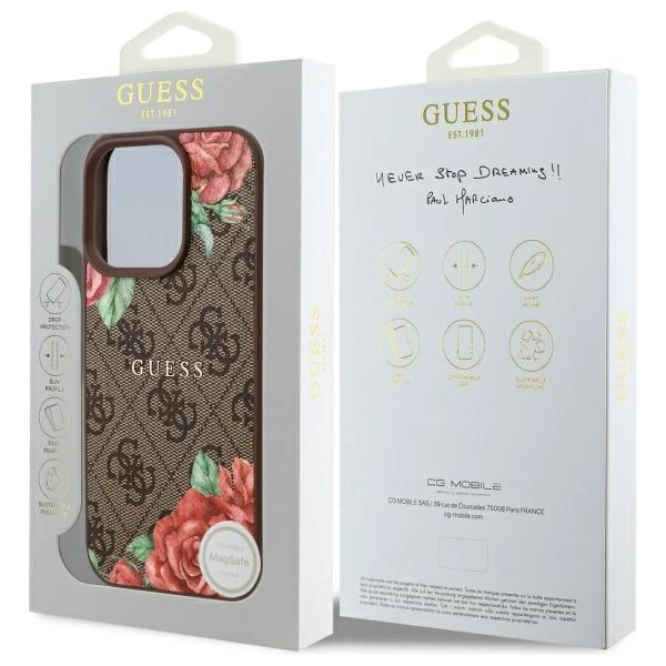 Etui Guess 4G Flowers Print MagSafe na iPhone 16 Pro 6.3" - brązowe
