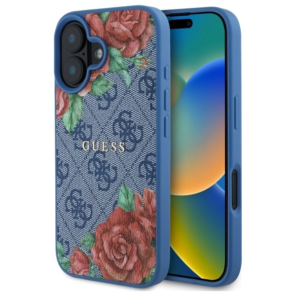Etui Guess 4G Flowers Print MagSafe na iPhone 16 6.1" - niebieskie