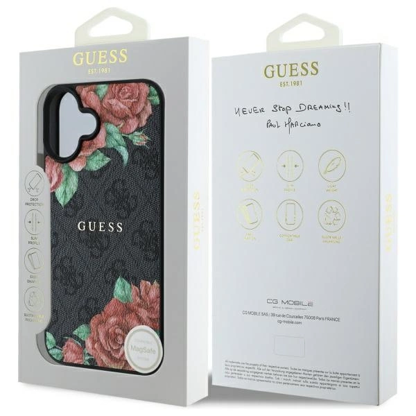 Etui Guess 4G Flowers Print MagSafe na iPhone 16 6.1" - czarne