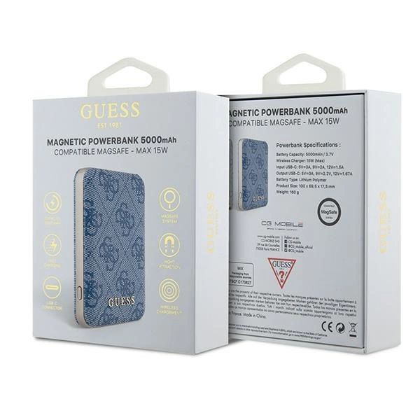 Powerbank indukcyjny Guess 4G Leather Metal Logo MagSafe 15W 5000mAh - niebieski