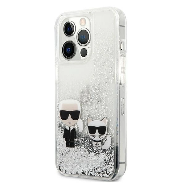 Etui Karl Lagerfeld Liquid Glitter Karl&Choupette na iPhone 13 Pro Max 6,7" - srebrne