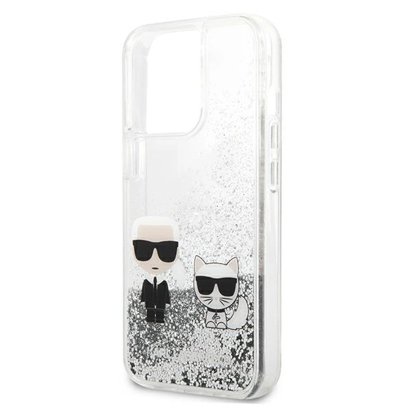 Etui Karl Lagerfeld Liquid Glitter Karl&Choupette na iPhone 13 Pro Max 6,7" - srebrne