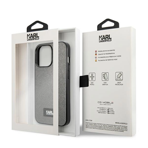 Etui Karl Lagerfeld Saffiano Plaque na iPhone 13 Pro Max 6,7" - srebrne